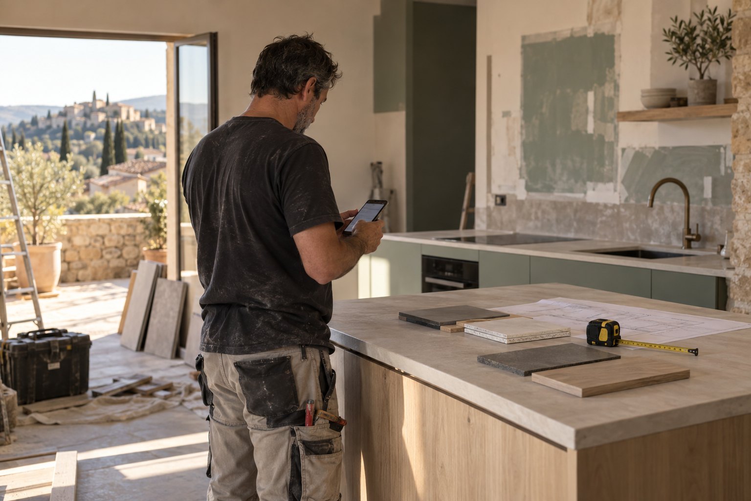 Artisan qui note une visite cuisine sur son telephone
